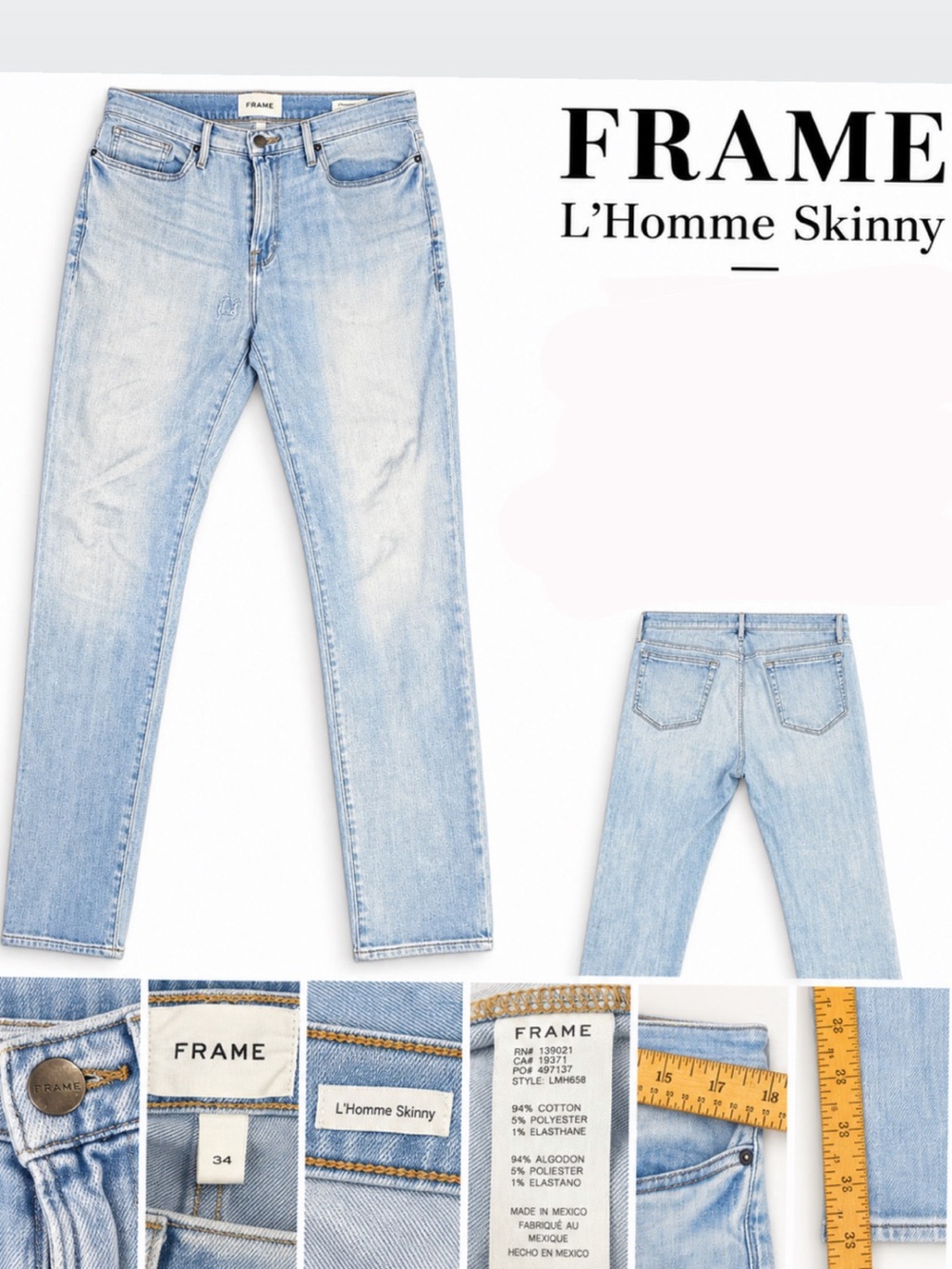 FRAME L’Homme Skinny Jeans Men’s 34 Light Wash Stretch Denim